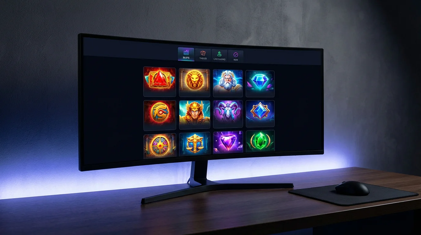 Wide monitor displaying a grid of colourful slot game thumbnails on an anonymous casino platform interface