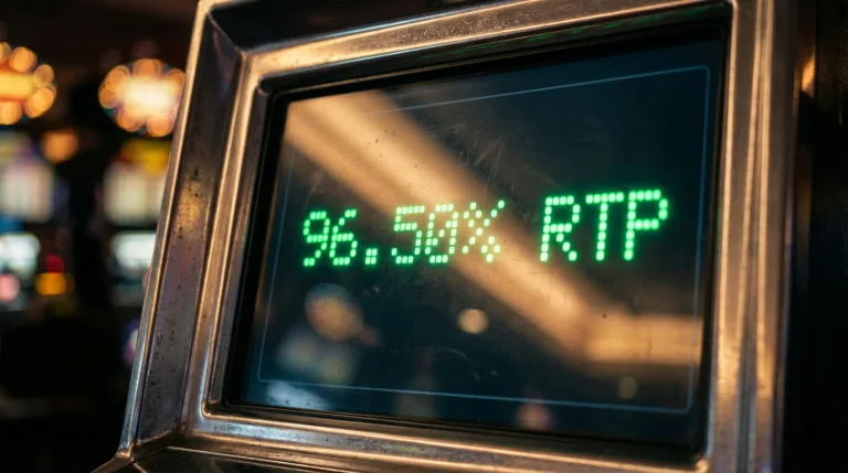 Casino RTP and house edge explained with slot machine display showing return to player percentage
