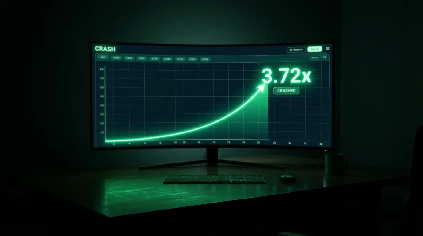 Crash game multiplier rising on a dark screen with a glowing curve graph at an anonymous casino