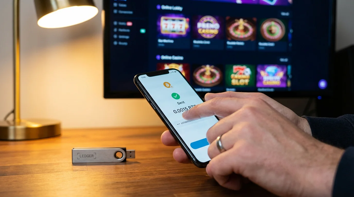Close-up of a smartphone displaying a cryptocurrency wallet app with a Bitcoin transaction confirmation on a wooden desk