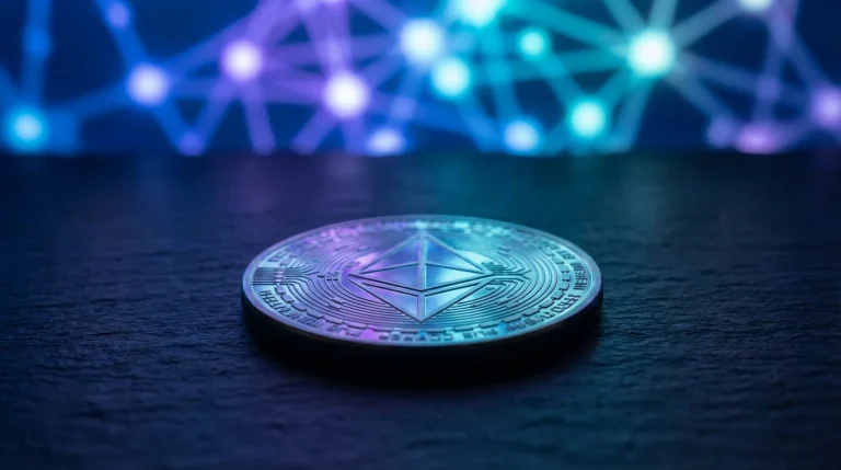 Ethereum casinos with no verification — ETH symbol with blockchain network visualization