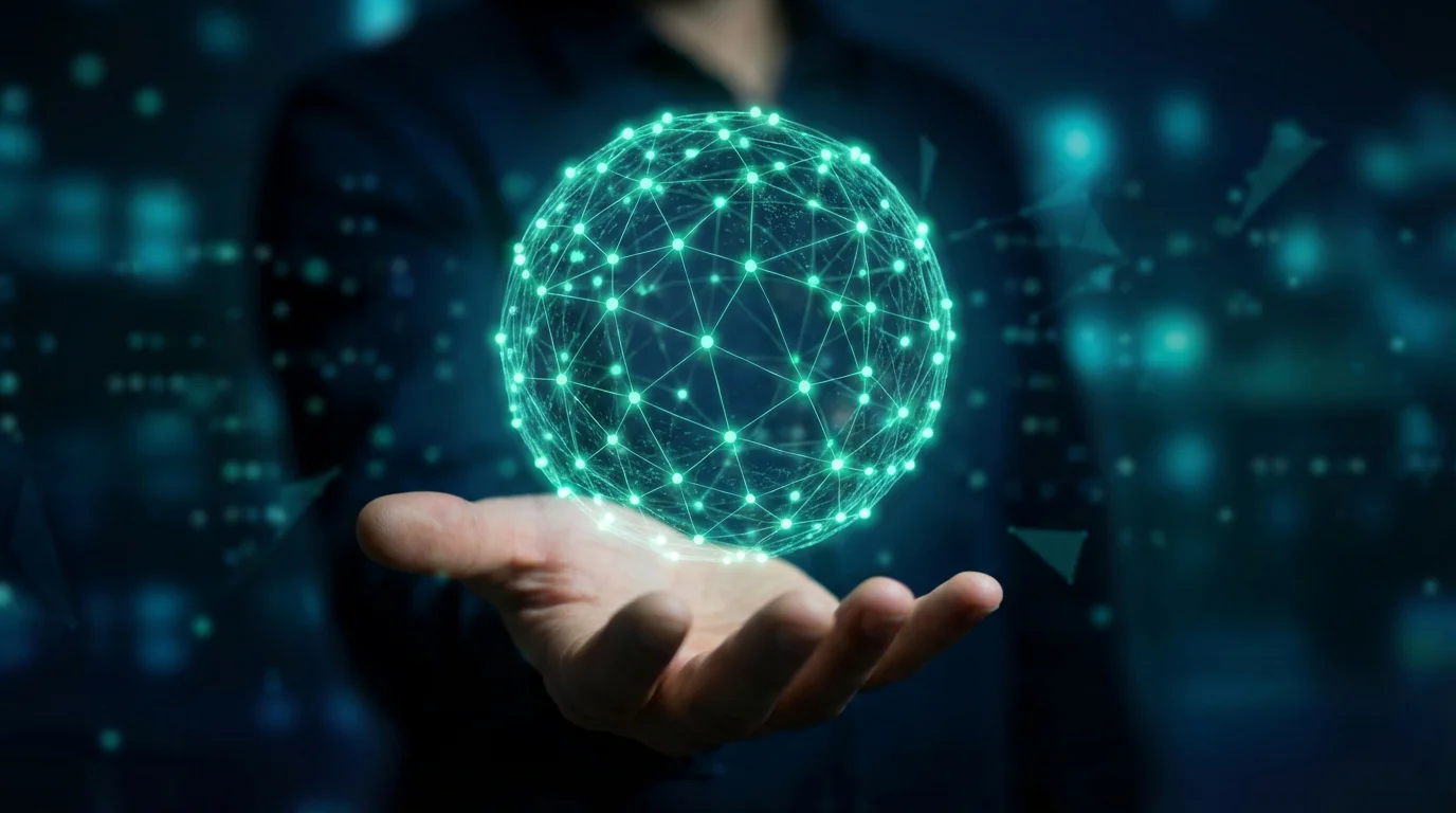 Futuristic blockchain network visualised as glowing connected nodes representing the future of anonymous gambling