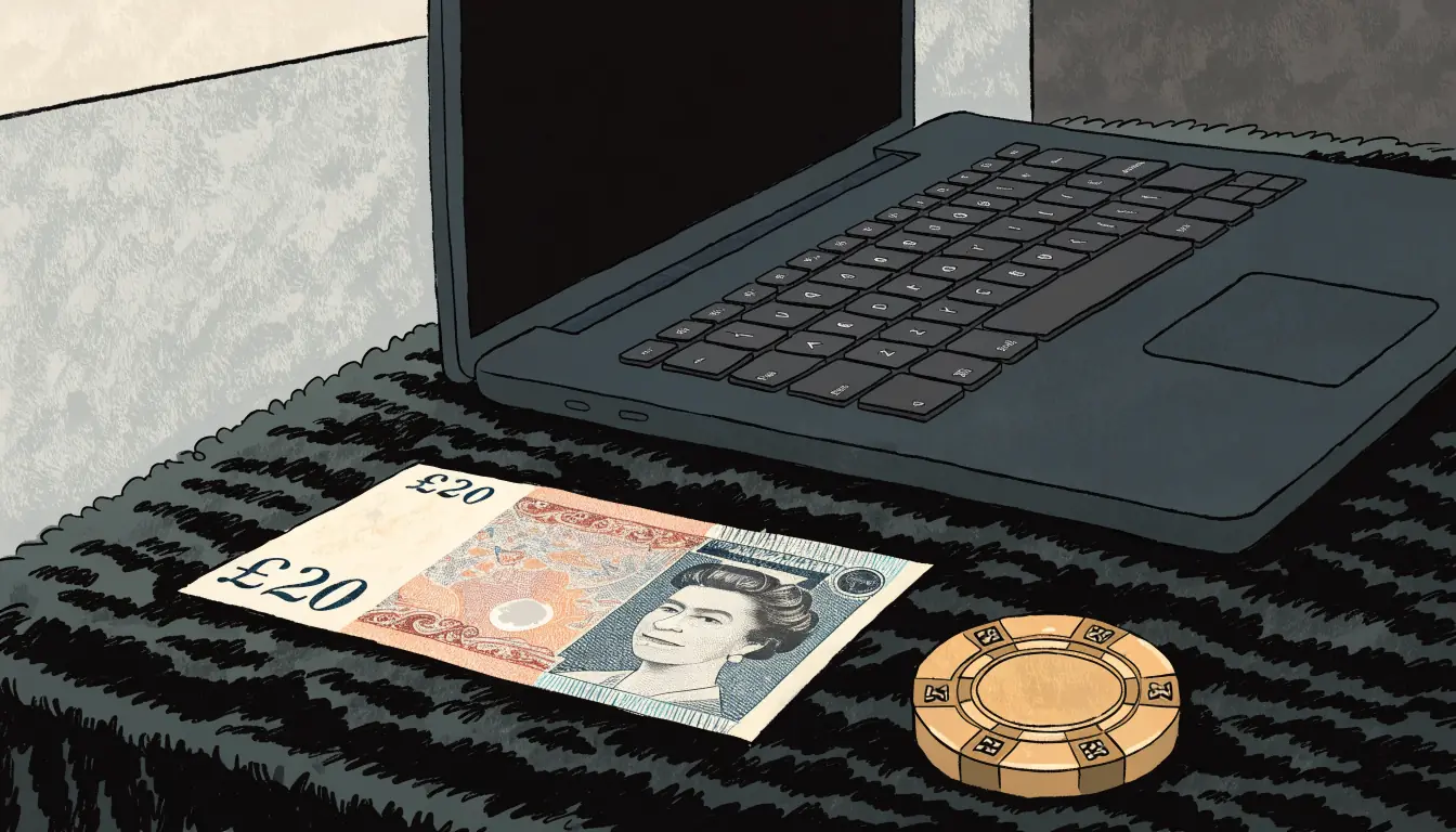 One pound banknote next to a single casino chip on a dark surface.