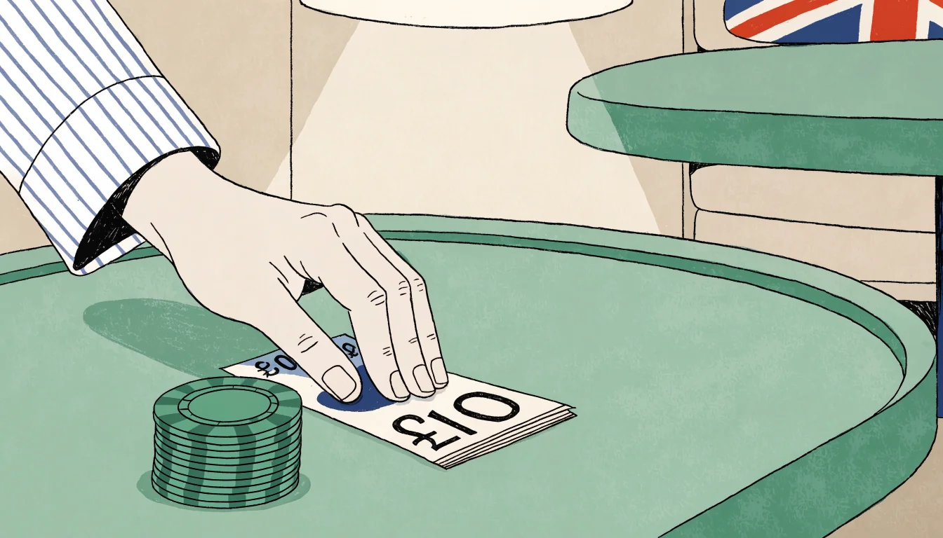 Ten-pound note on a felt casino table with a small stack of chips.