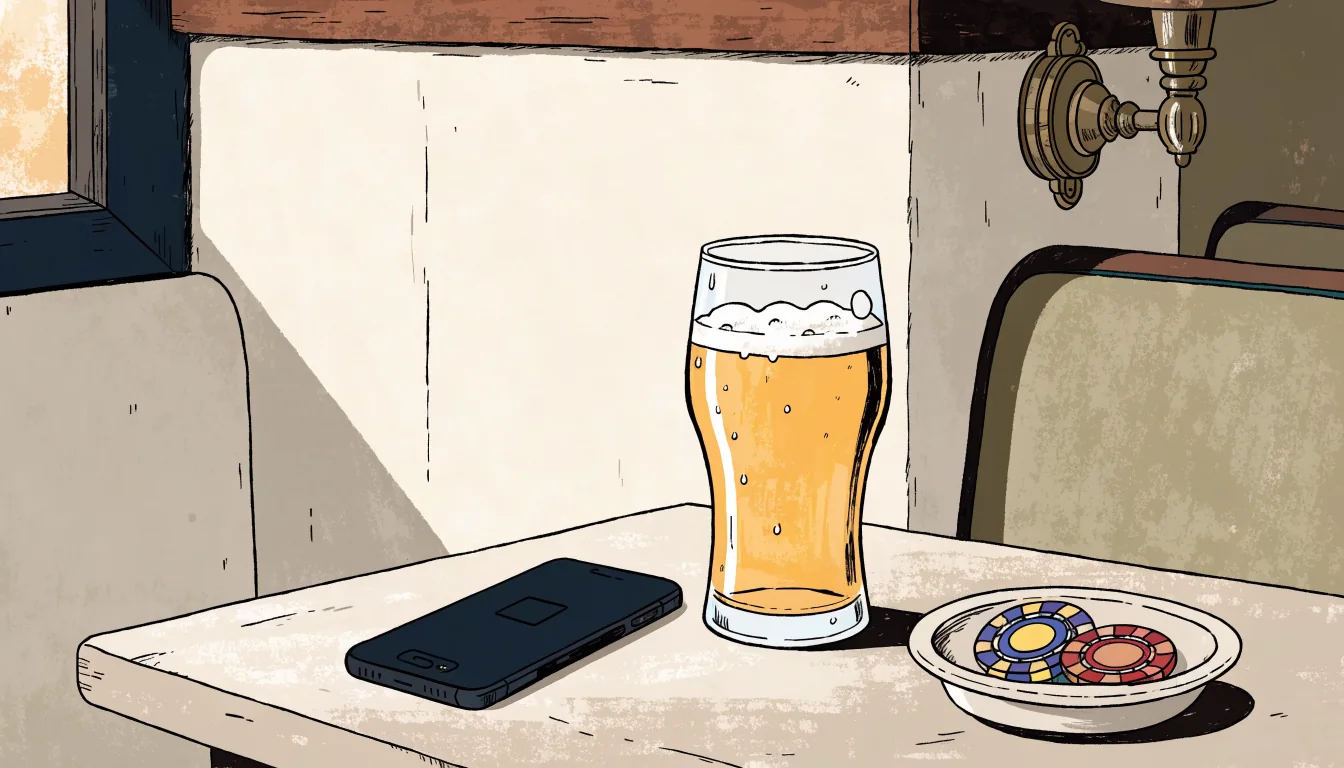 Casino chips beside a smartphone on a British pub table under warm light.