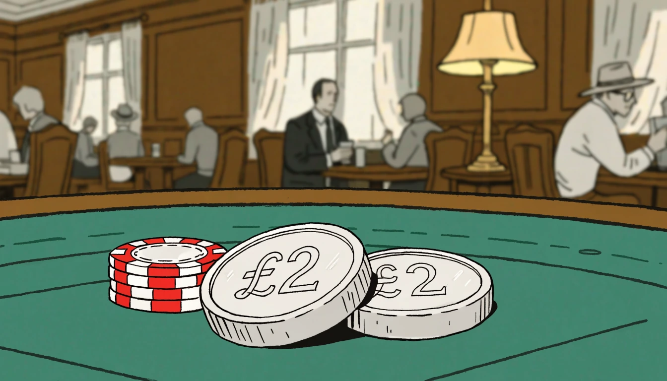 British £2 coins beside casino chips on a green felt table