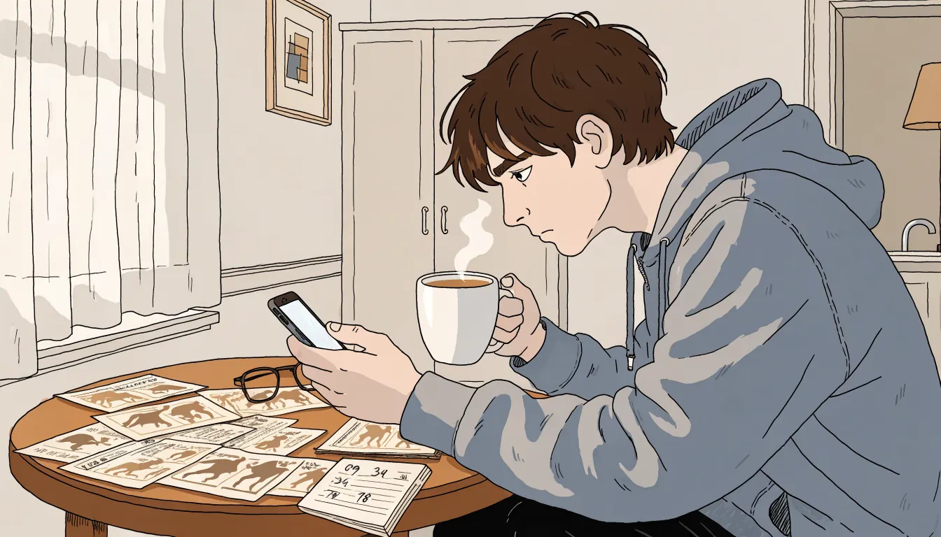 Young British man carefully reading a casino bonus offer on his smartphone at a kitchen table
