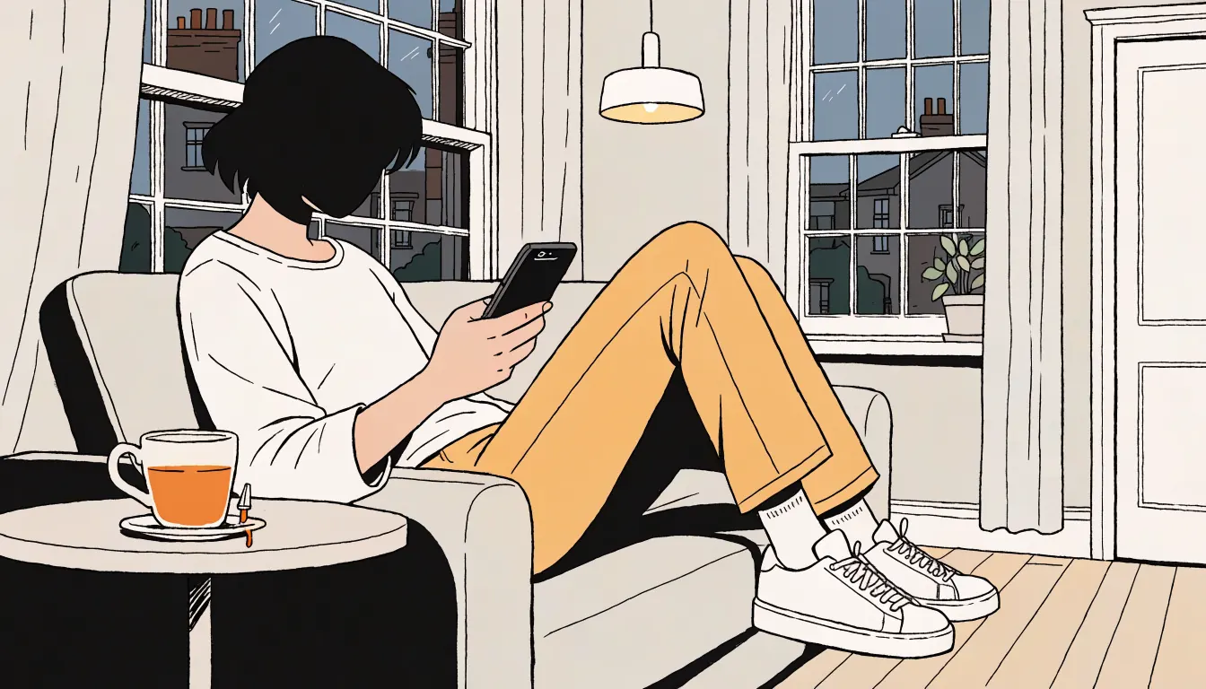 Person on a British sofa using a smartphone, suggesting free slot spins at home.