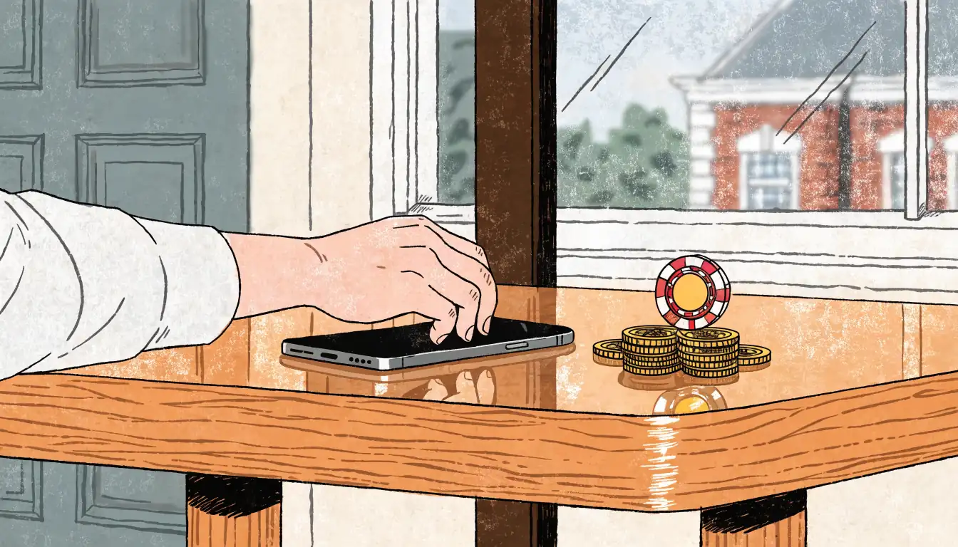 Pound coins, a casino chip, and a face-down smartphone on a wooden table.