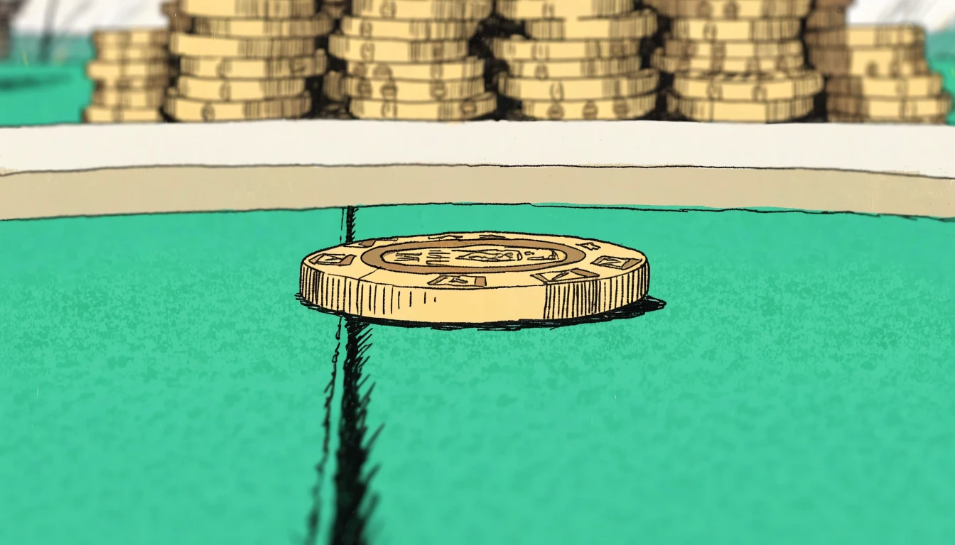 Single casino chip on green felt with stack behind it.