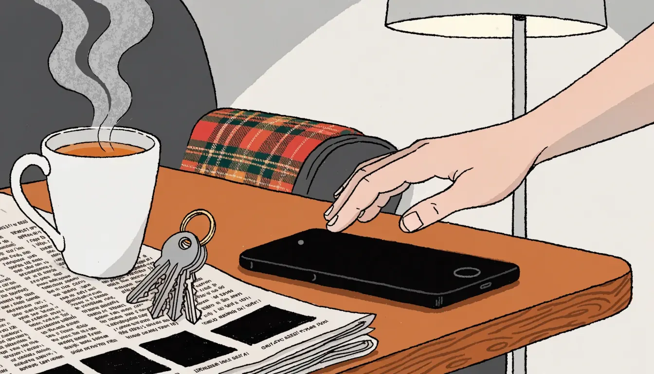 Smartphone face-down on a British pub-style table beside tea, keys and a folded newspaper.