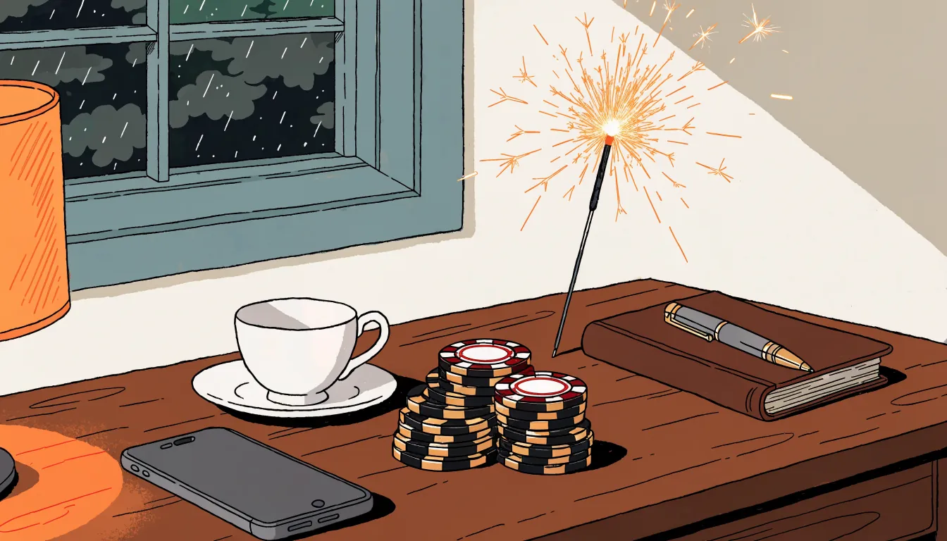 Face-down smartphone, teacup, gold chips and a lit sparkler on a desk in a warm British room.