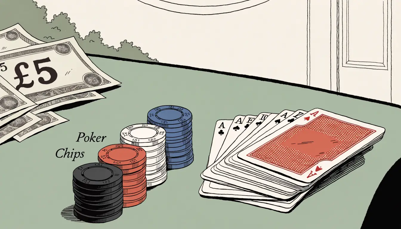 British five-pound notes, poker chips, and a deck of cards on a green casino table