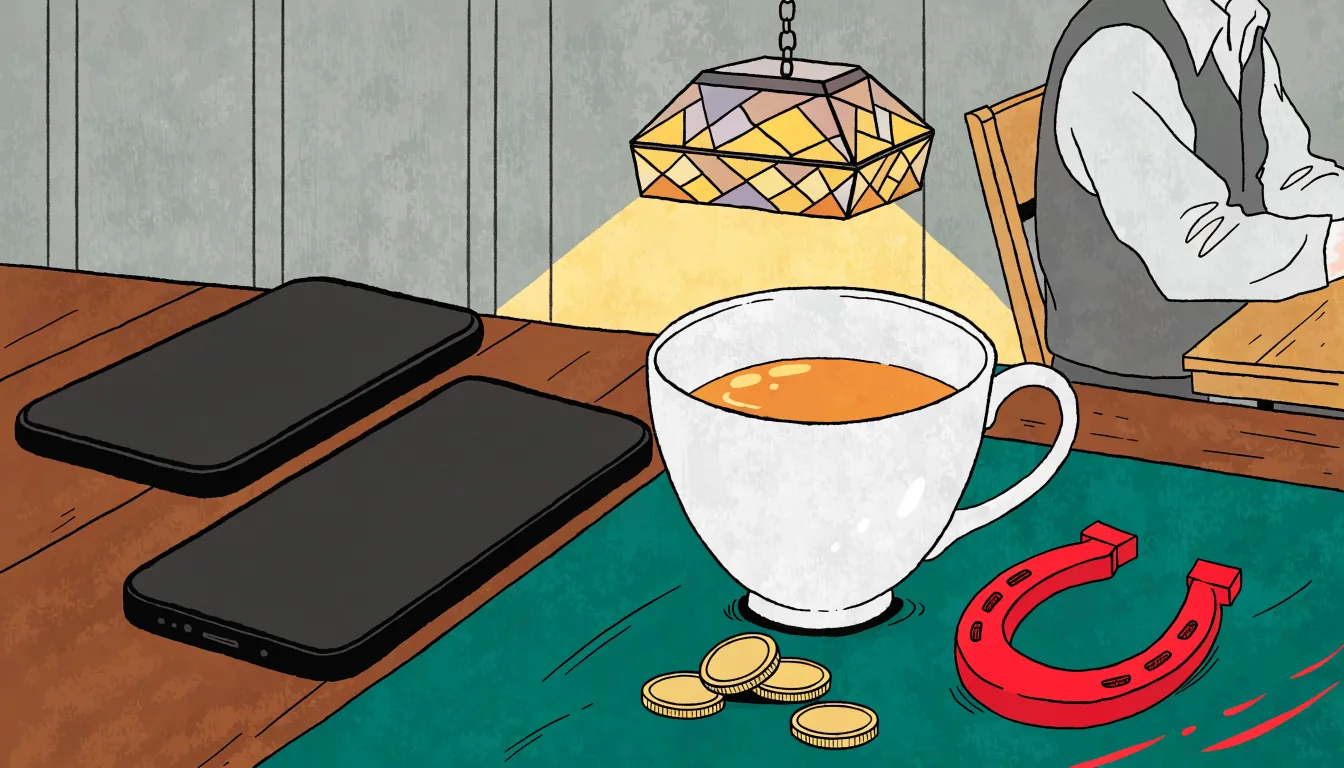 Horseshoe, coins and a face-down phone on a pub table in Britain