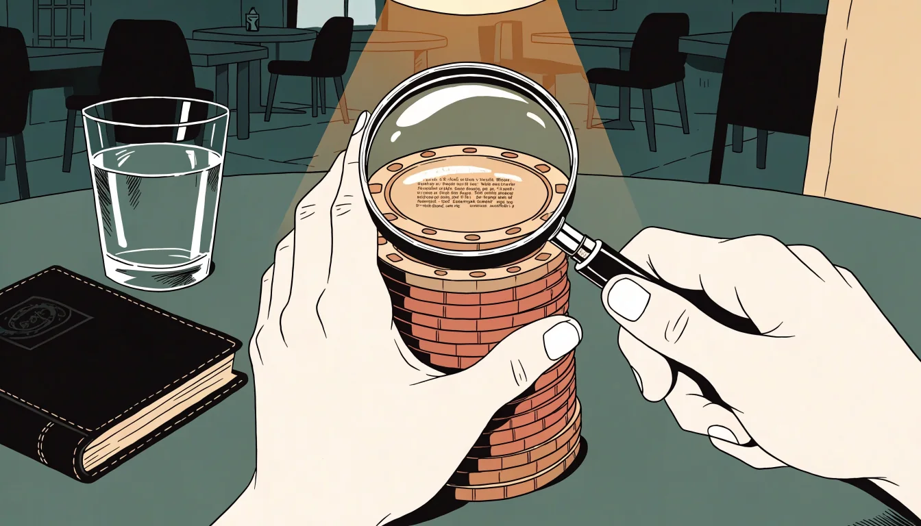 Magnifying glass examining a stack of casino chips on a green felt table.