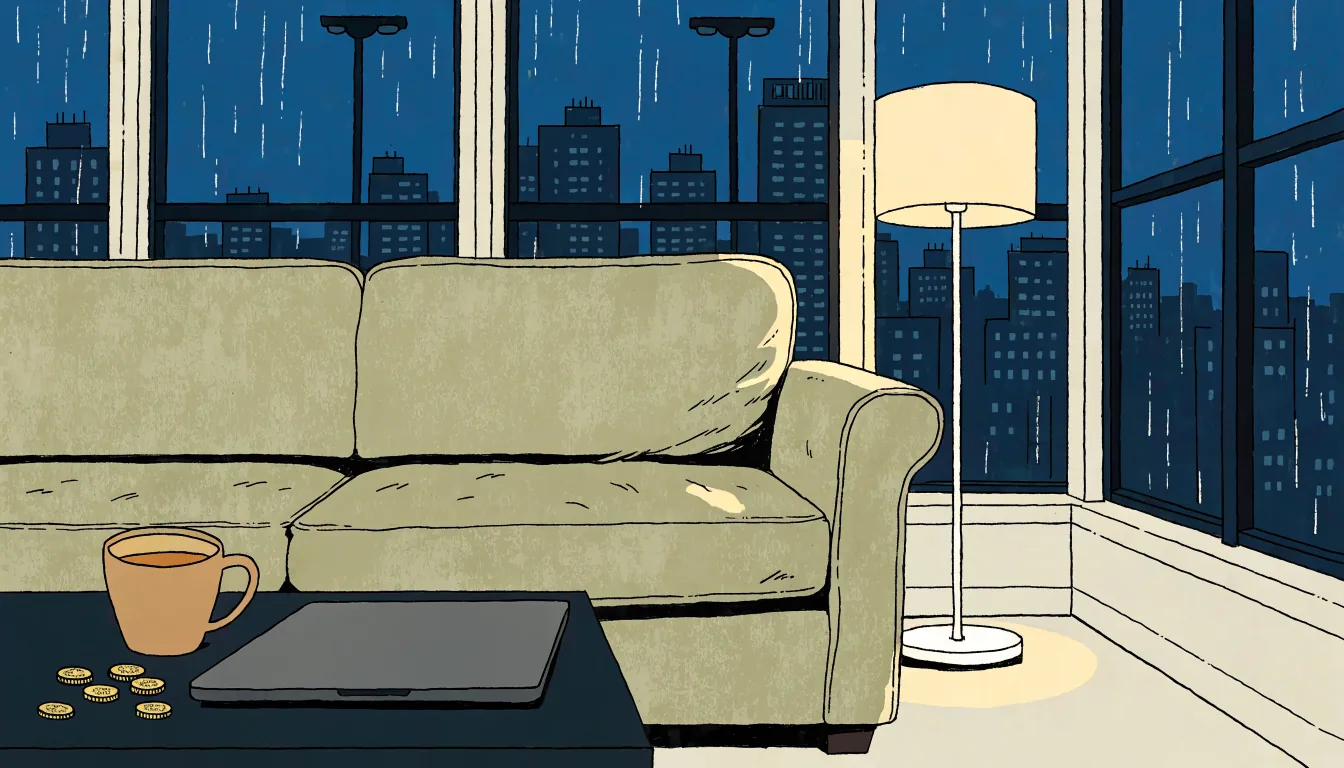 Closed laptop on a London living room table beside tea and coins at night.