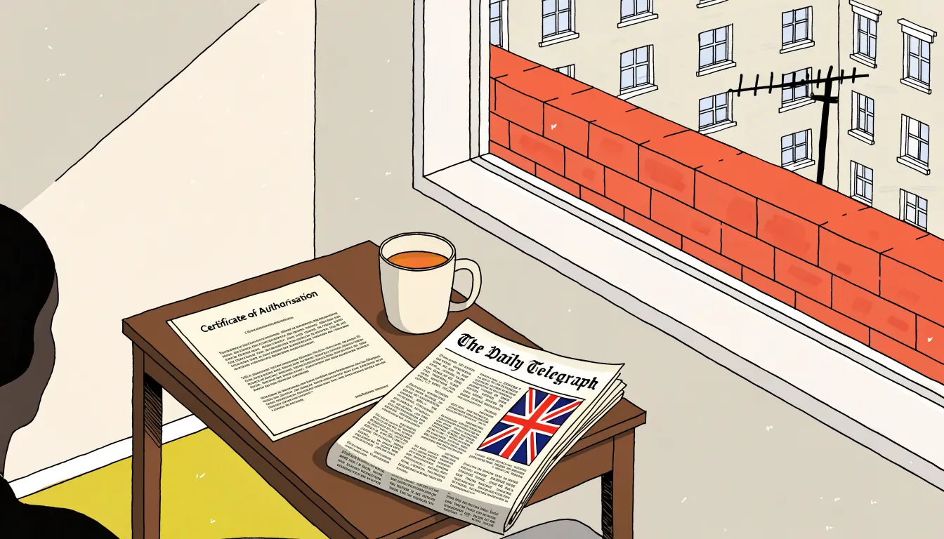 Certificate of authorisation on a London flat desk beside tea and a newspaper.