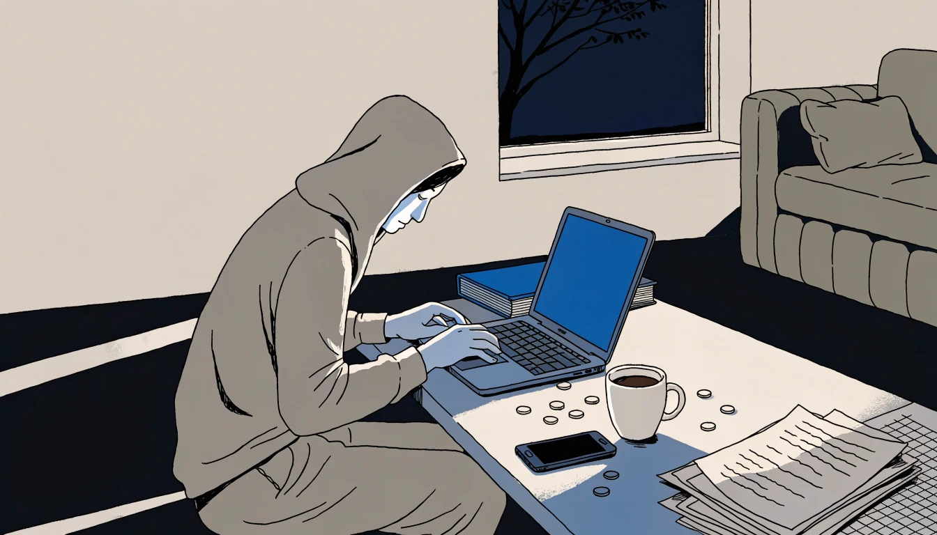Hooded figure using a laptop at night in a UK apartment, crypto coins nearby.