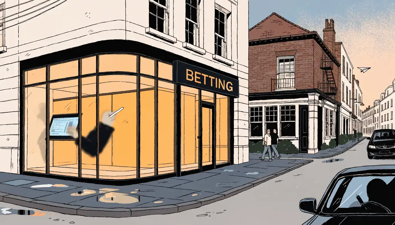 London street at dusk with a paper airplane flying past a betting shop and pub.