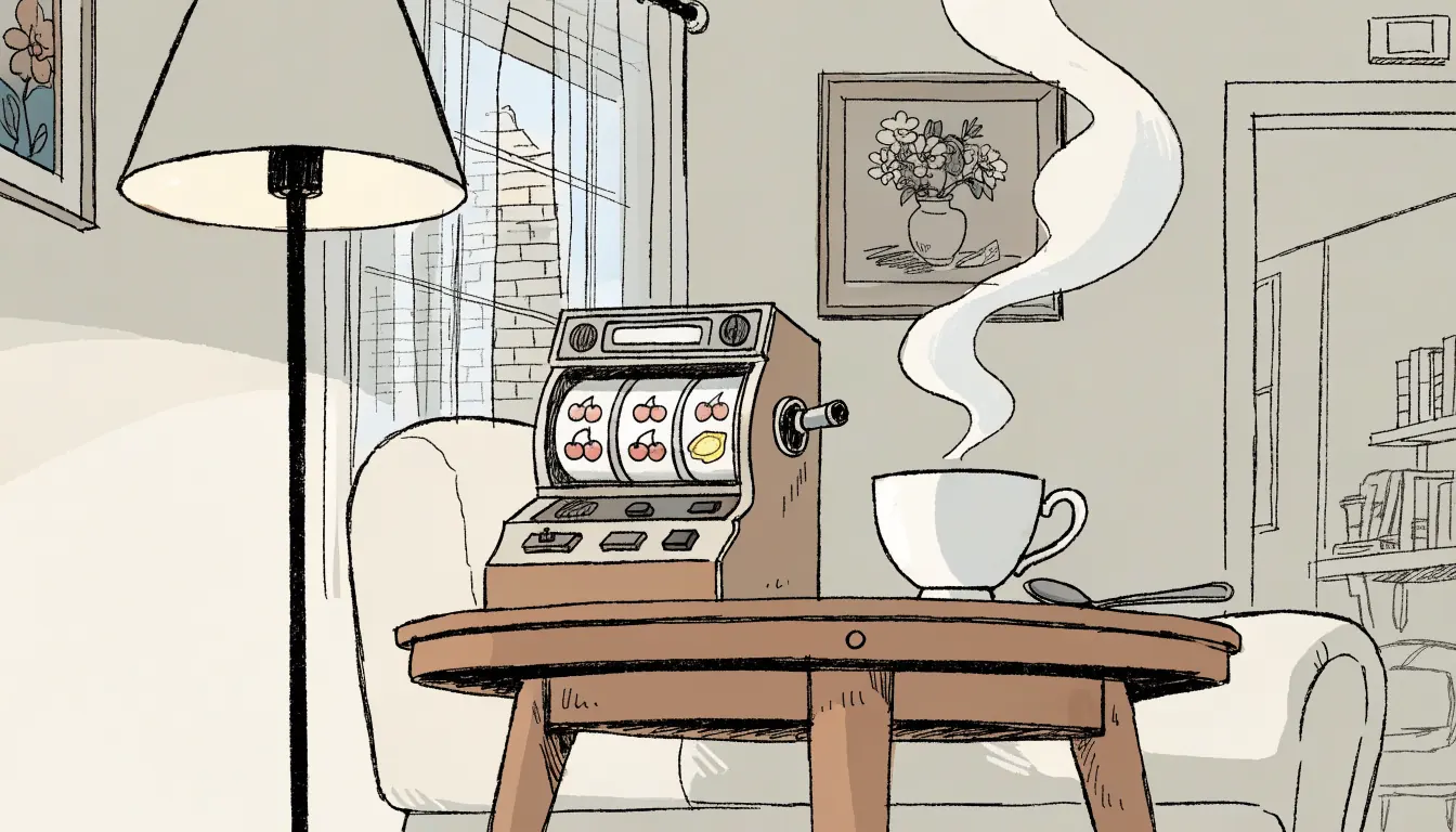 British room with three-reel fruit slot machine and teacup