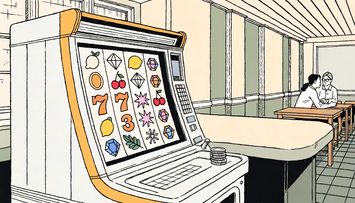 Five-reel slot machine in a British arcade with colorful symbols on the screen