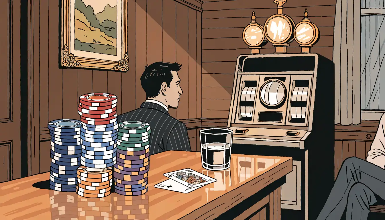 Casino chips and playing cards on a wooden bar in a British gaming lounge