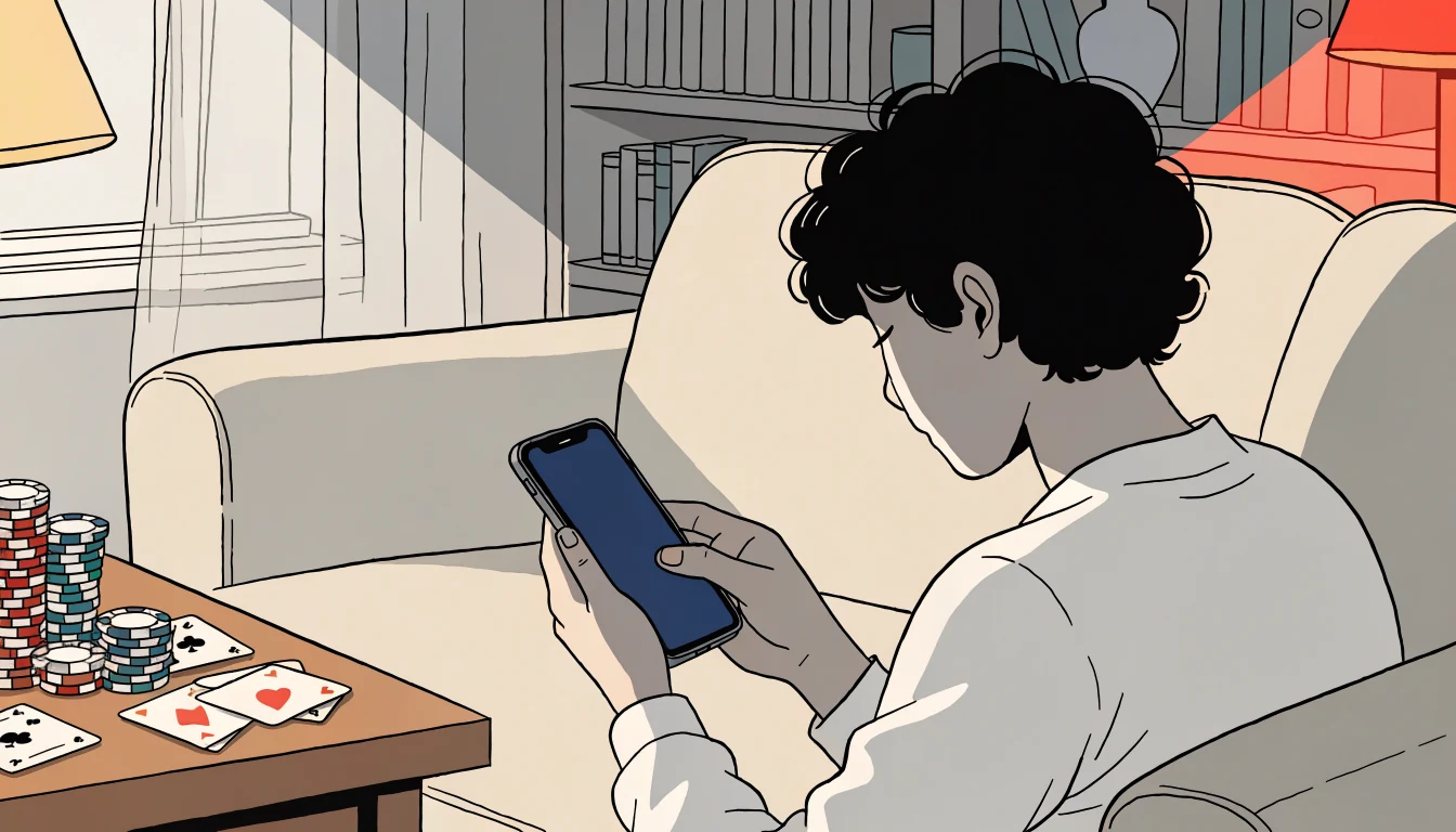 Person holding an Android smartphone in a cozy British living room with poker chips nearby.