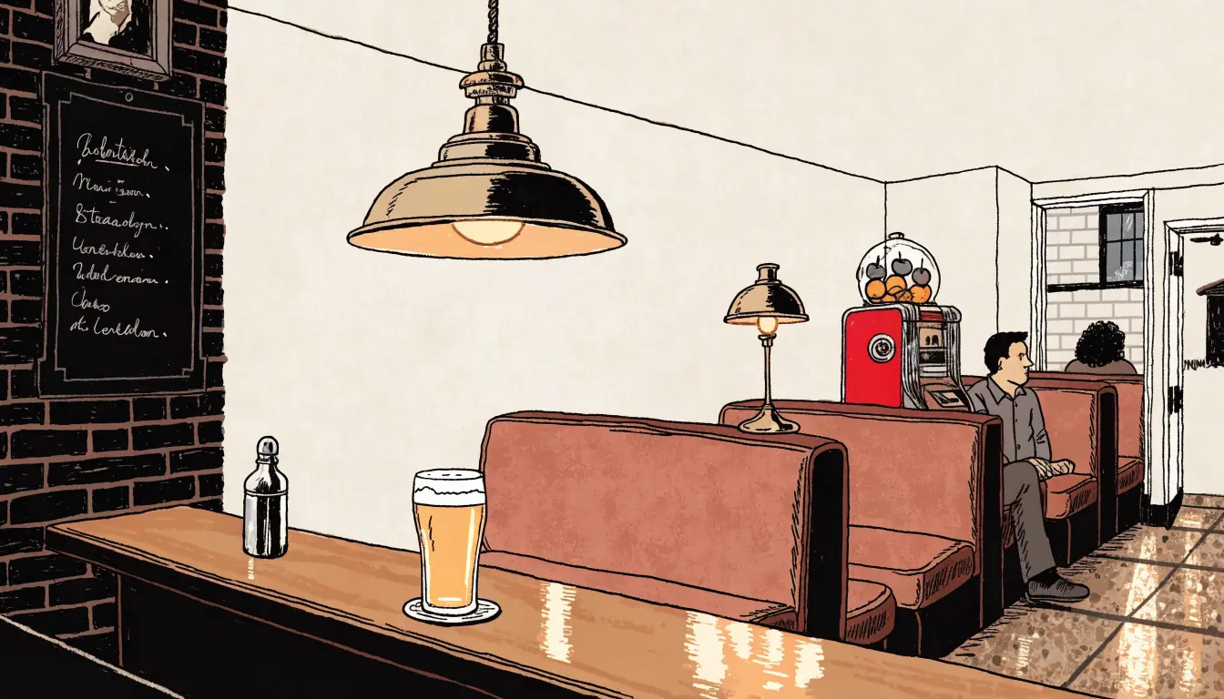 Classic British pub interior with a traditional fruit machine and warm evening lighting
