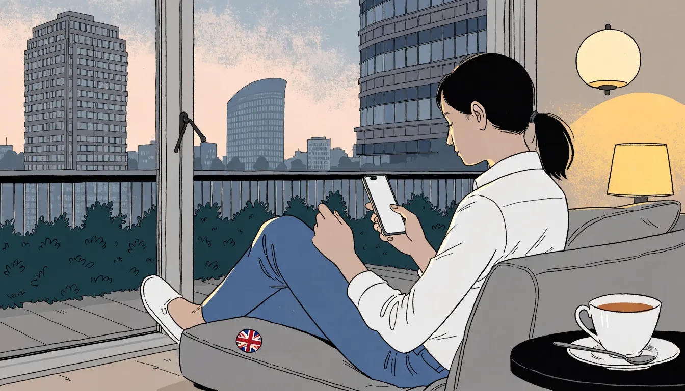 Person relaxing on a sofa with a smartphone in a modern London apartment at dusk.