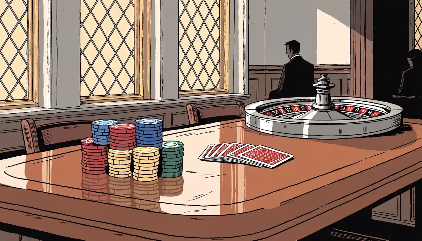 Casino table with chips and cards in a British gambling lounge