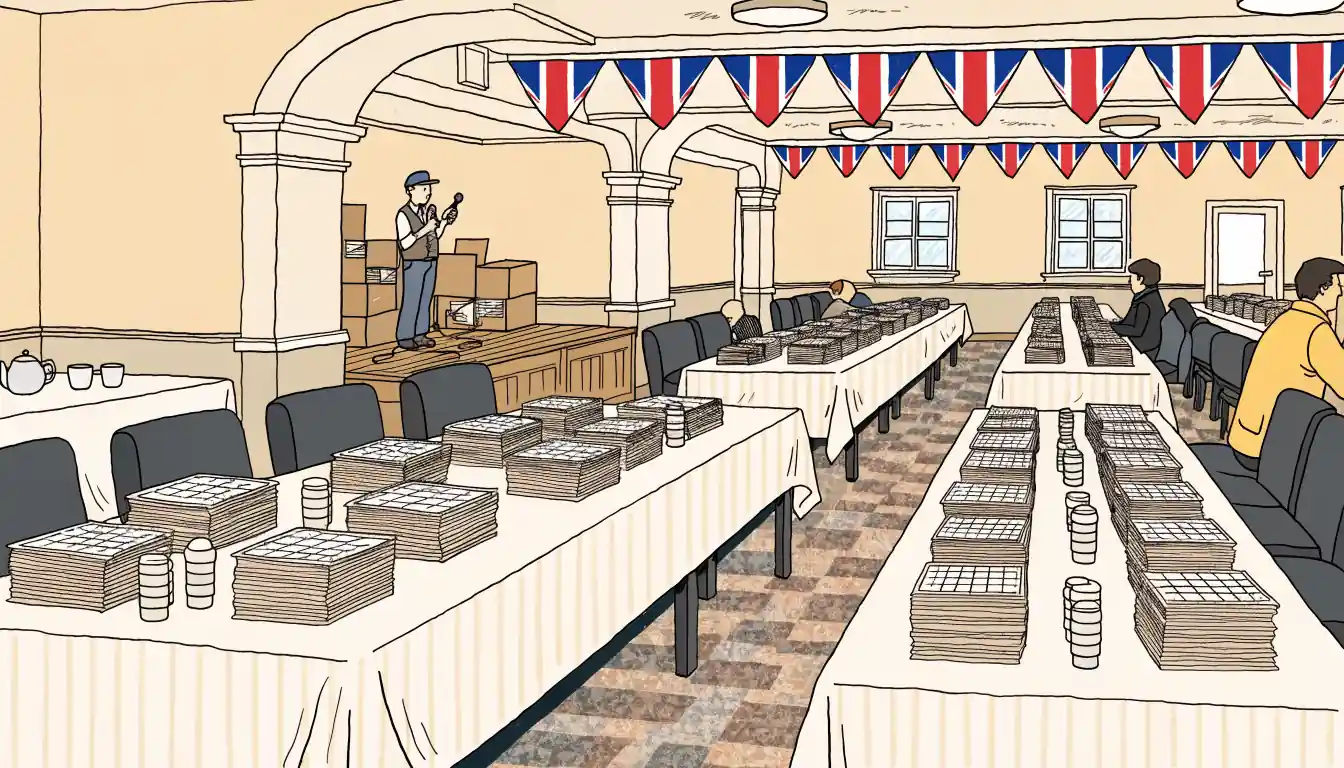 Traditional British bingo hall with daubers, cards and caller on stage