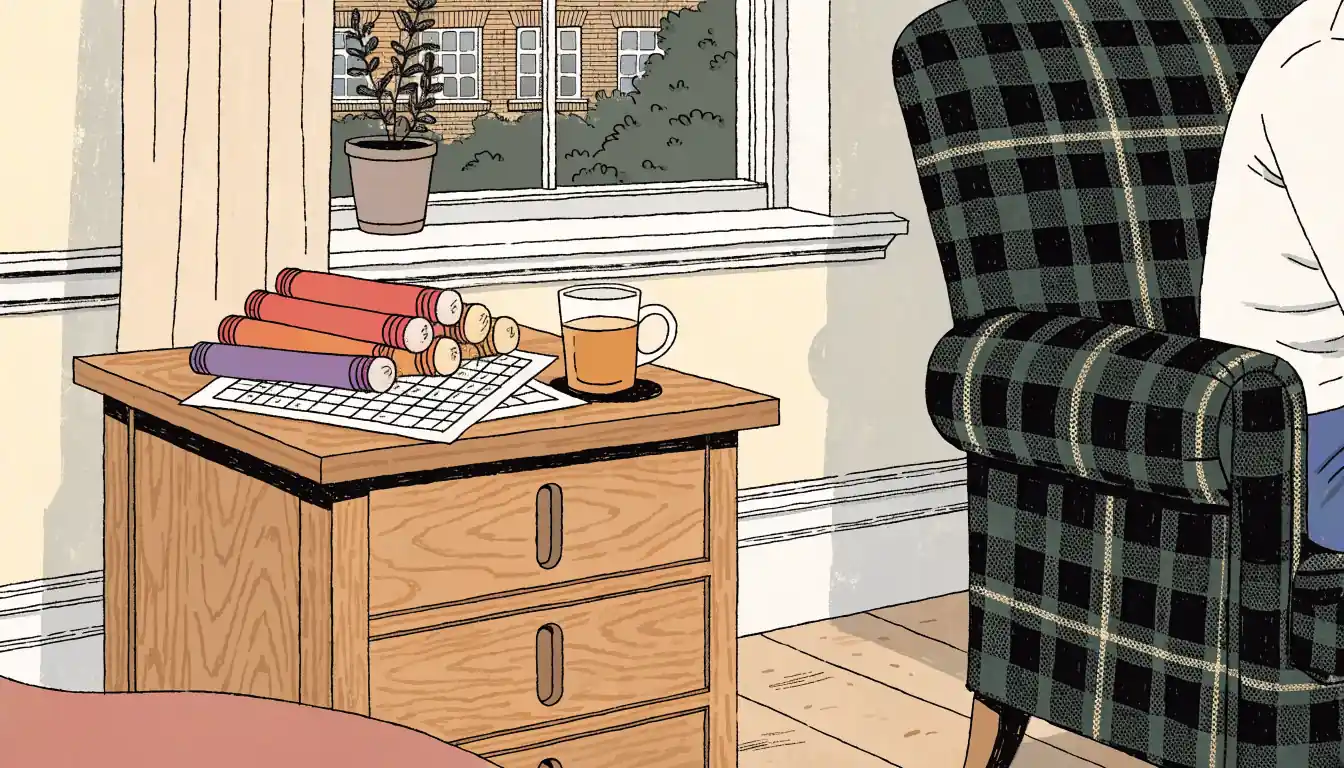Traditional British room with bingo cards, daubers and tea on a side table