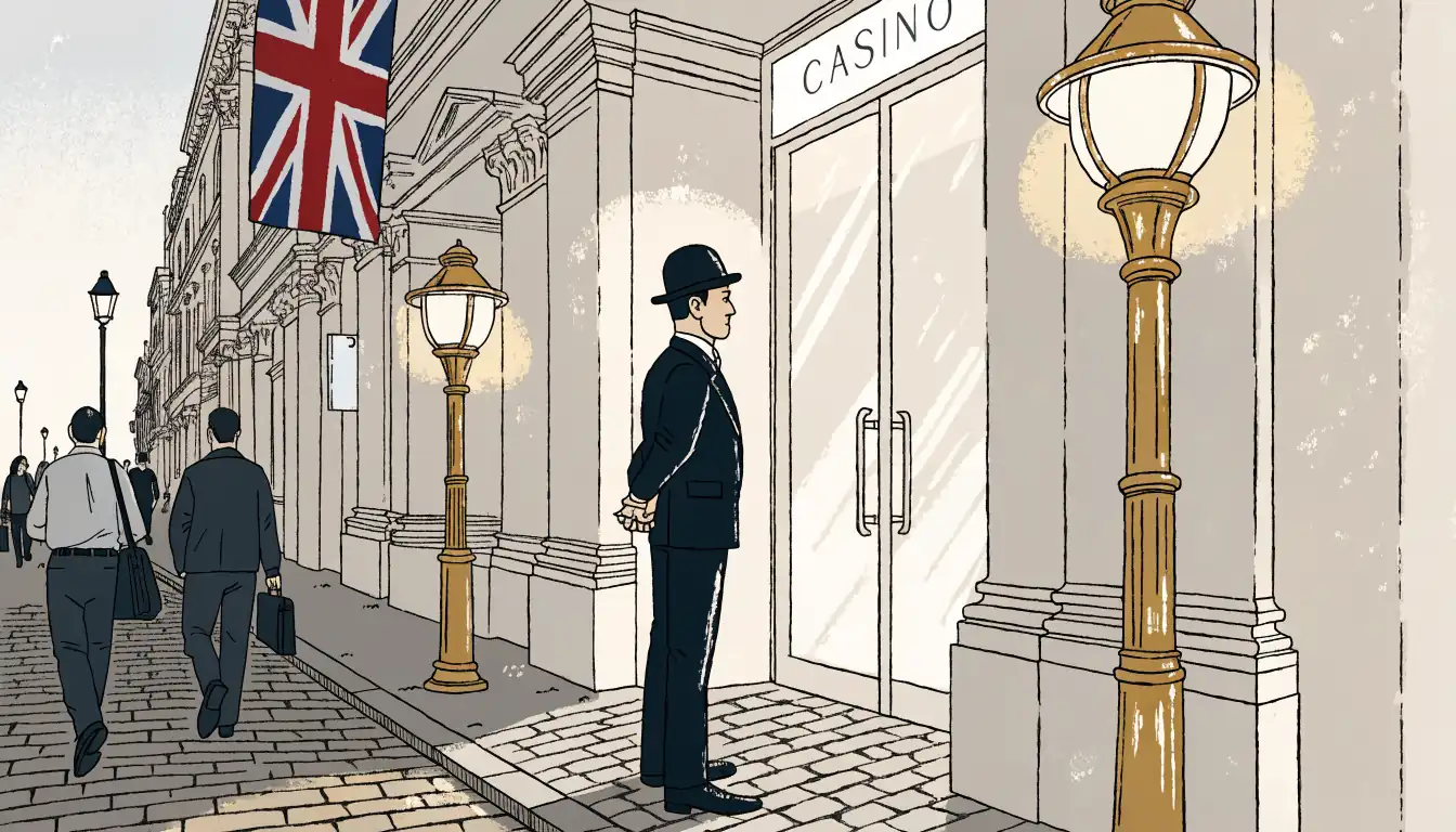 Entrance of a London casino building at dusk with a doorman and a Union Jack flag