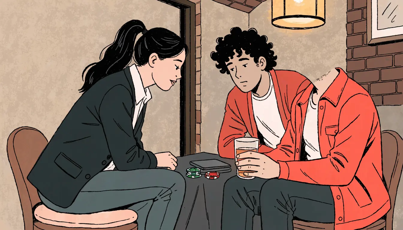 Friends in a London pub with casino chips on the table.