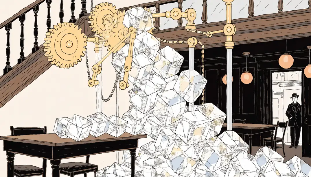 Cascading translucent cubes tumbling through brass gears in a British pub interior