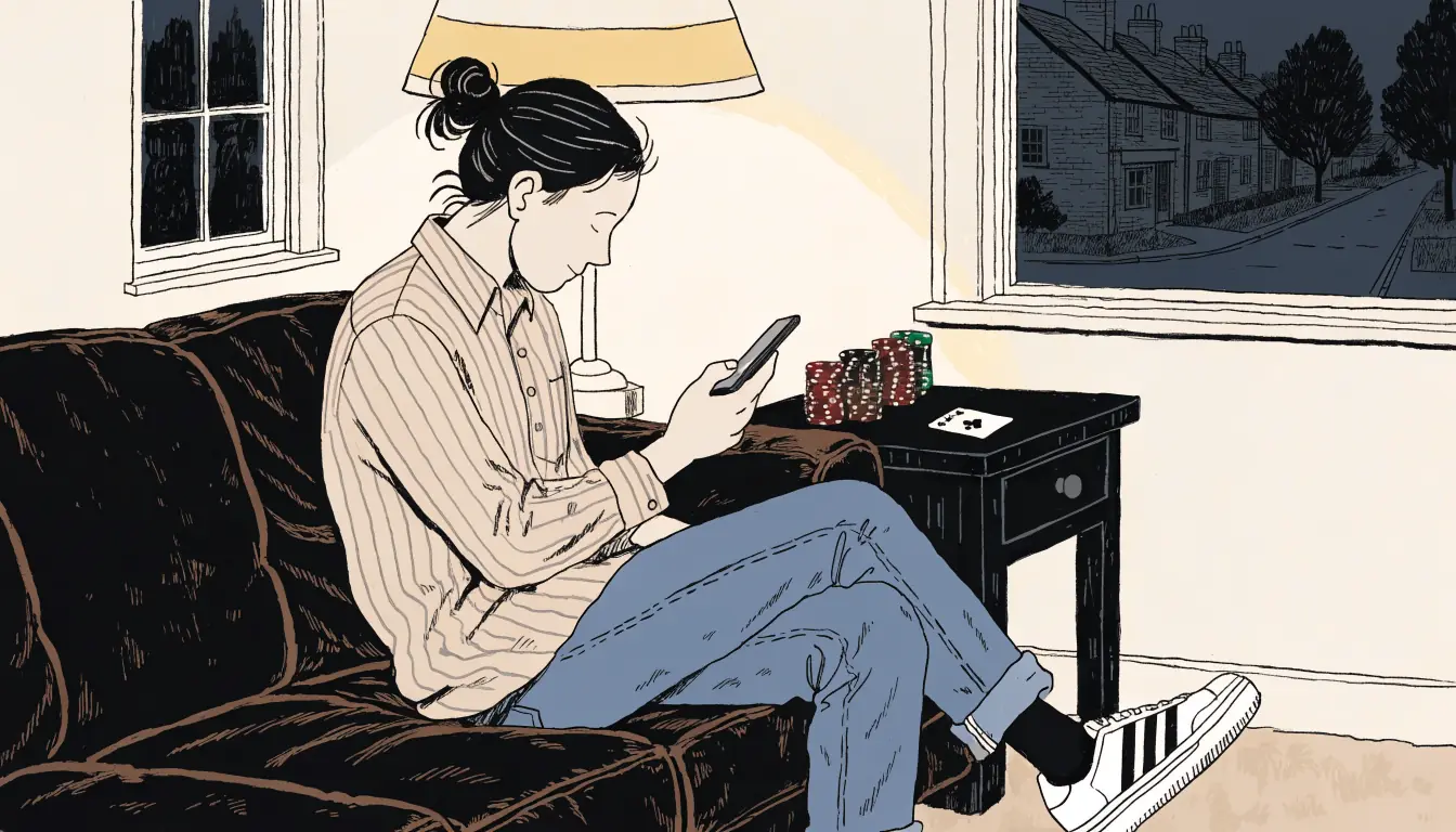 Person in a British living room holding a smartphone, with casino chips nearby.