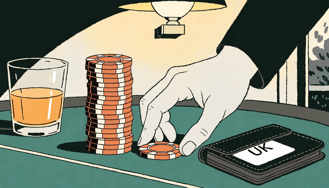Hand placing a casino chip next to stacked chips on a felt table.