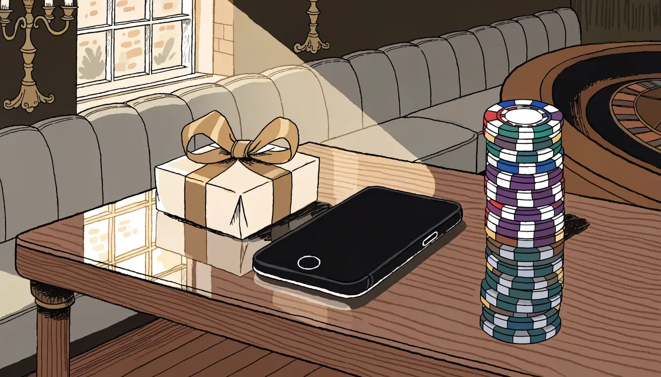 Face-down smartphone, gift package, and casino chips on a British pub table.