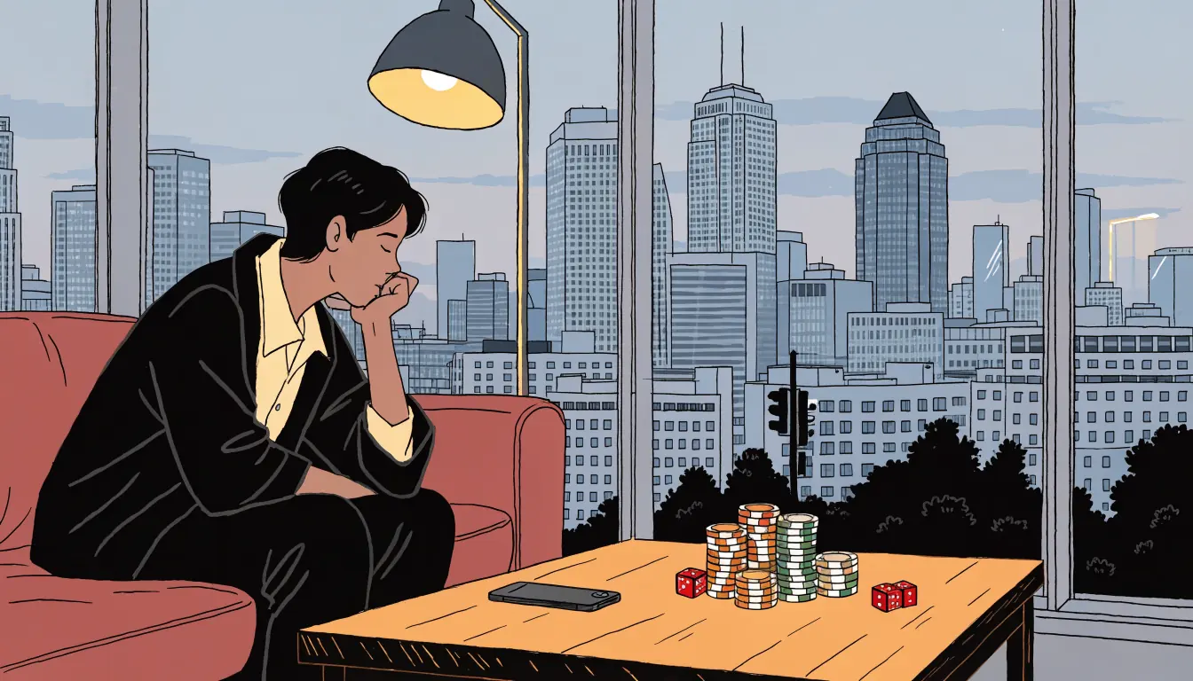 British apartment at dusk with craps dice and casino chips on a coffee table beside a face-down phone