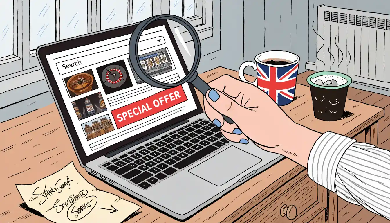 Hand with magnifying glass over a laptop showing casino search results in a British home office.