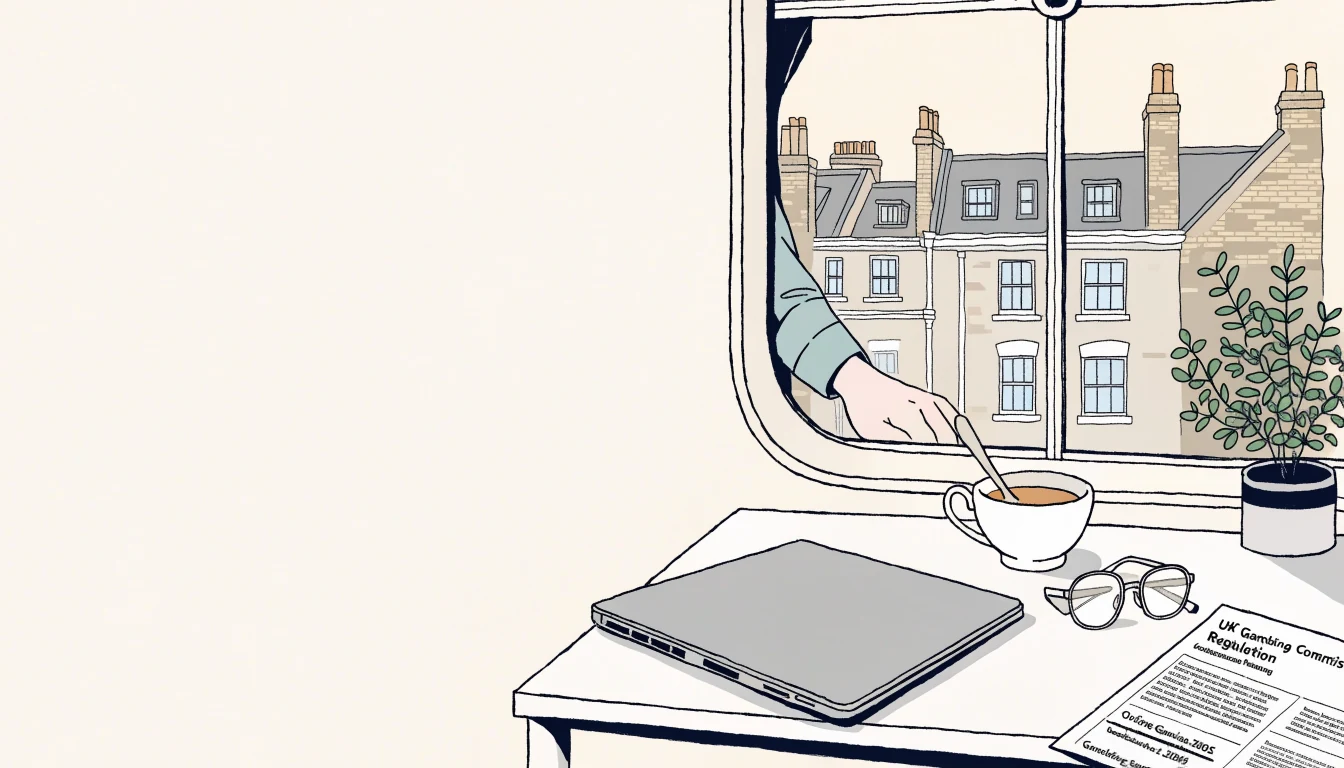 London flat desk with closed laptop and UK gambling regulation document by a window.