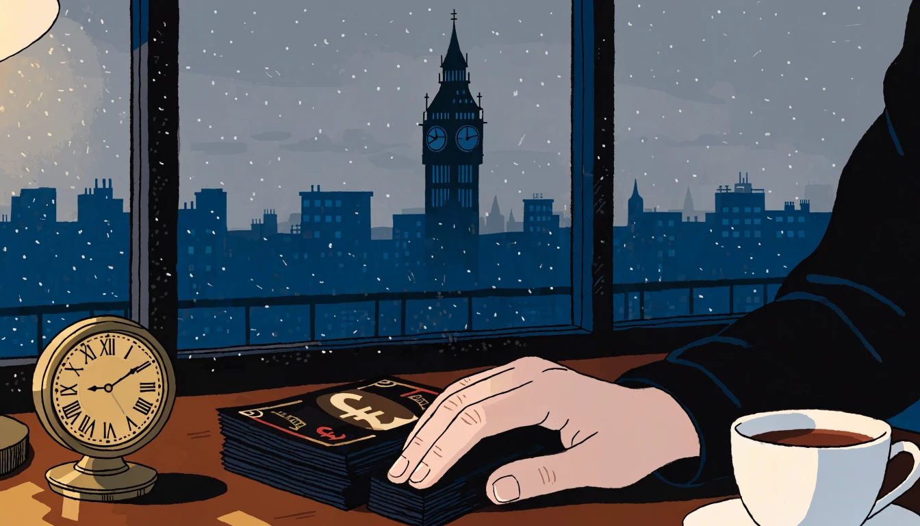 Stack of British pounds on wooden desk with London skyline and clock tower through window