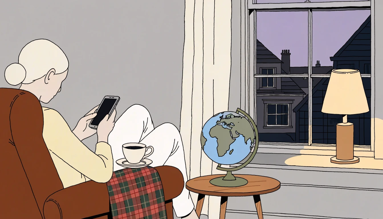 Cozy British living room with a globe, teacup, and person holding a phone