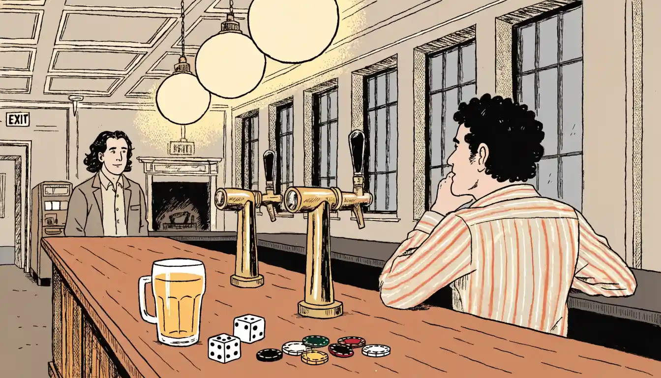 British pub interior with a fruit machine, pint of ale, and casino chips on a wooden bar.