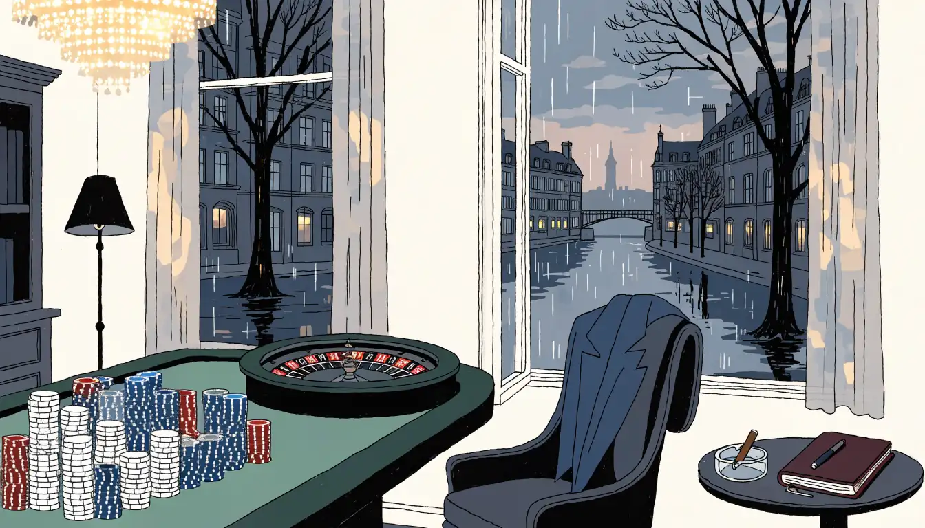 Private high-stakes gaming room with stacked chips, roulette wheel, and London skyline at dusk.