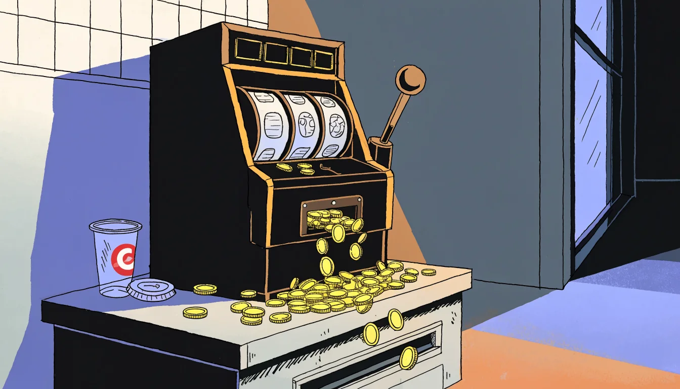 Lonely slot machine in a dim UK arcade with cascading coins.