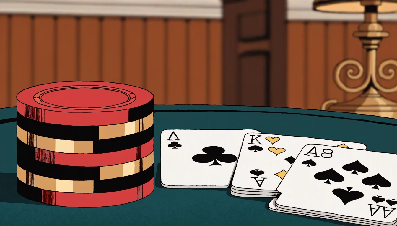 Stacked casino chips and playing cards on a green felt table in a warmly lit British gaming lounge.