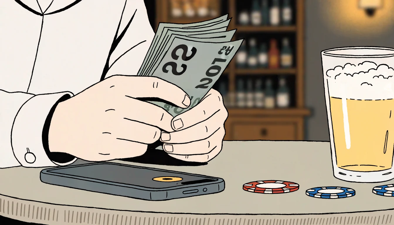 Hands counting pound notes beside an overturned phone on a UK pub table