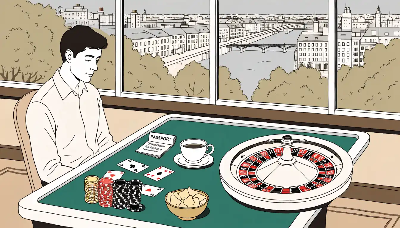 Casino chips, playing cards and roulette wheel on green felt with a British passport