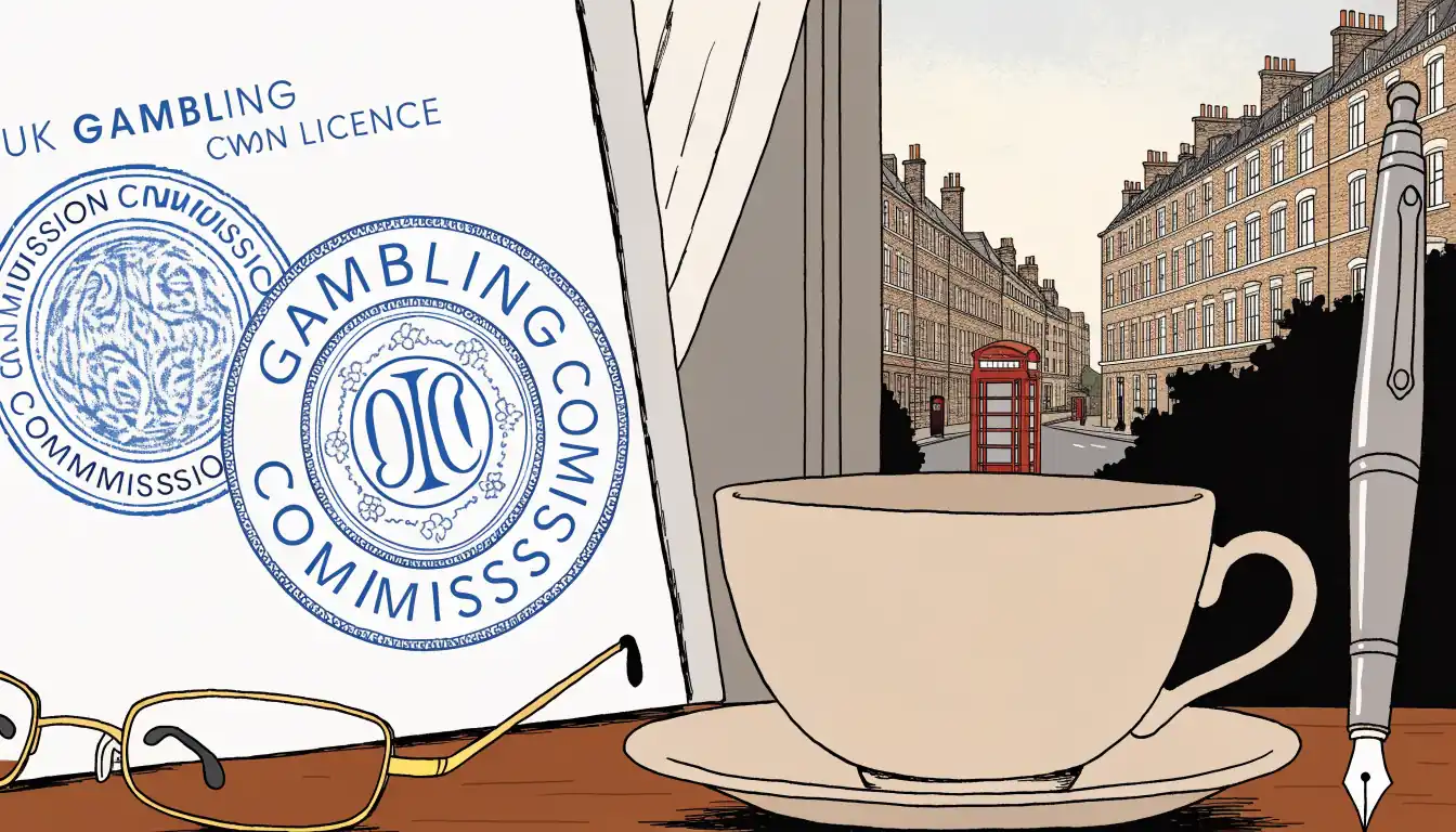 UK Gambling Commission licence document on a desk with London street view